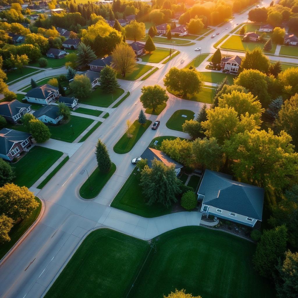 Aerial view of a Middleton, Wisconsin neighborhood with neat green lawns